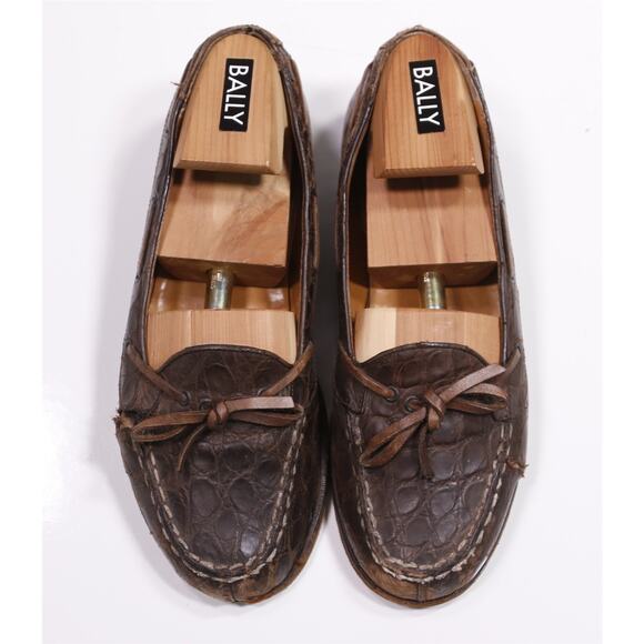 Polo Ralph Lauren Brown Crocodile Alligator Leather Bow Loafers Mens 7.5